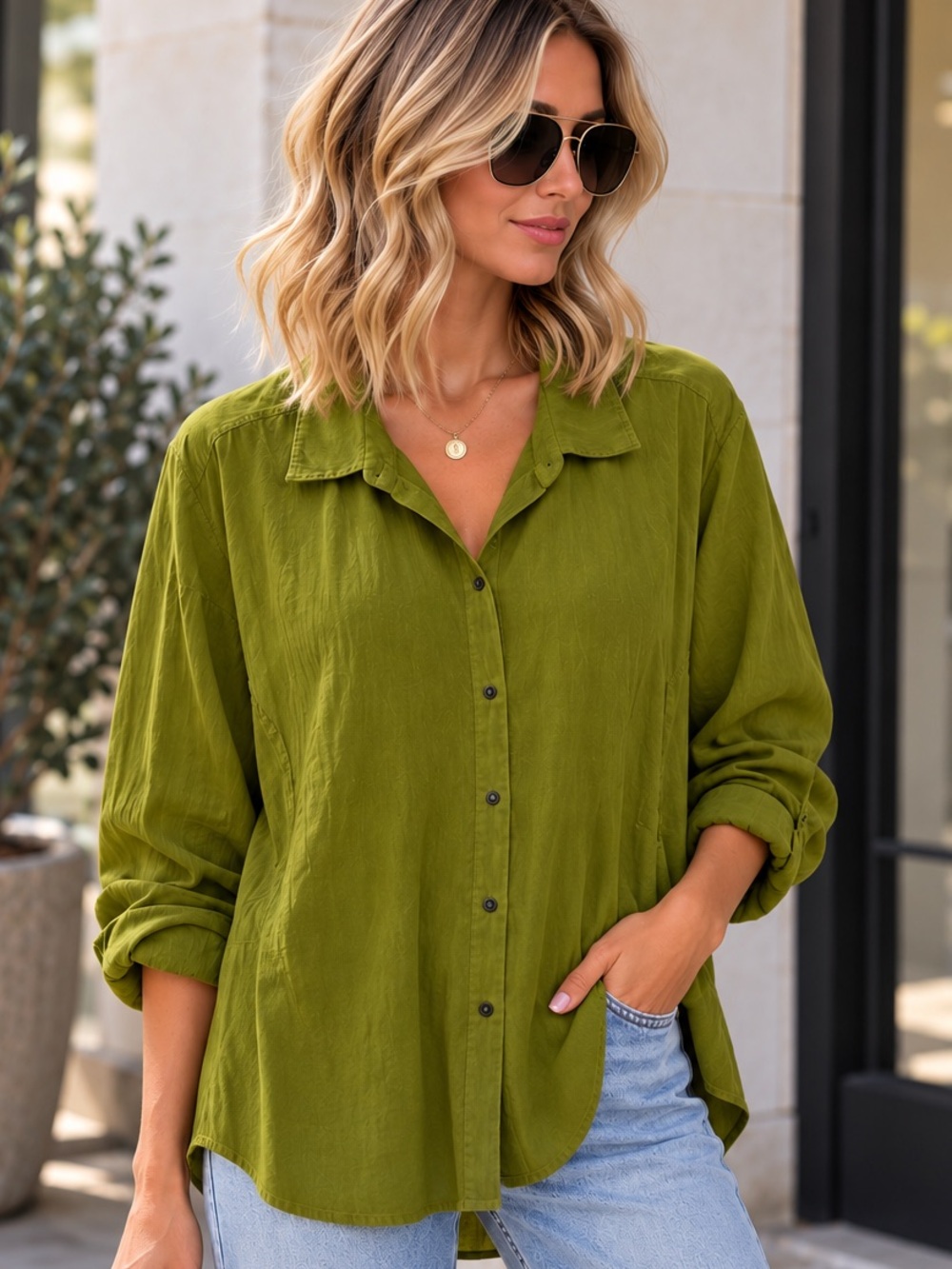 J. Jill Chartreuse Green Corduroy Front Tunic Top